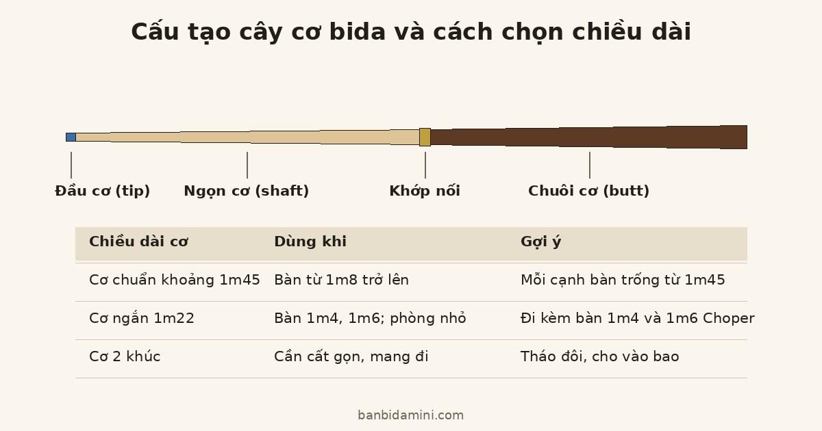 Sơ đồ cấu tạo cây cơ bida gồm đầu cơ, ngọn cơ, khớp nối, chuôi cơ